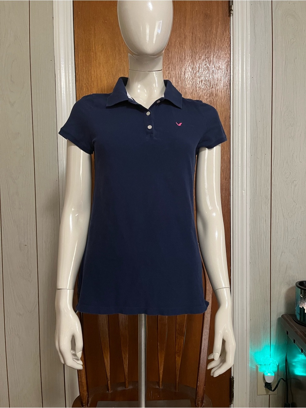 American Eagle Outfitters Navy Short-Sleeve Polo with Pink Logo